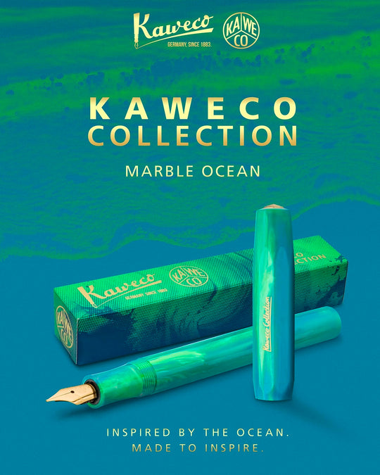 The Kaweco COLLECTION Fountain Pen in Marble Ocean combines deep blue and green tones in a marbled finish, with each pen carrying a slightly different pattern. 