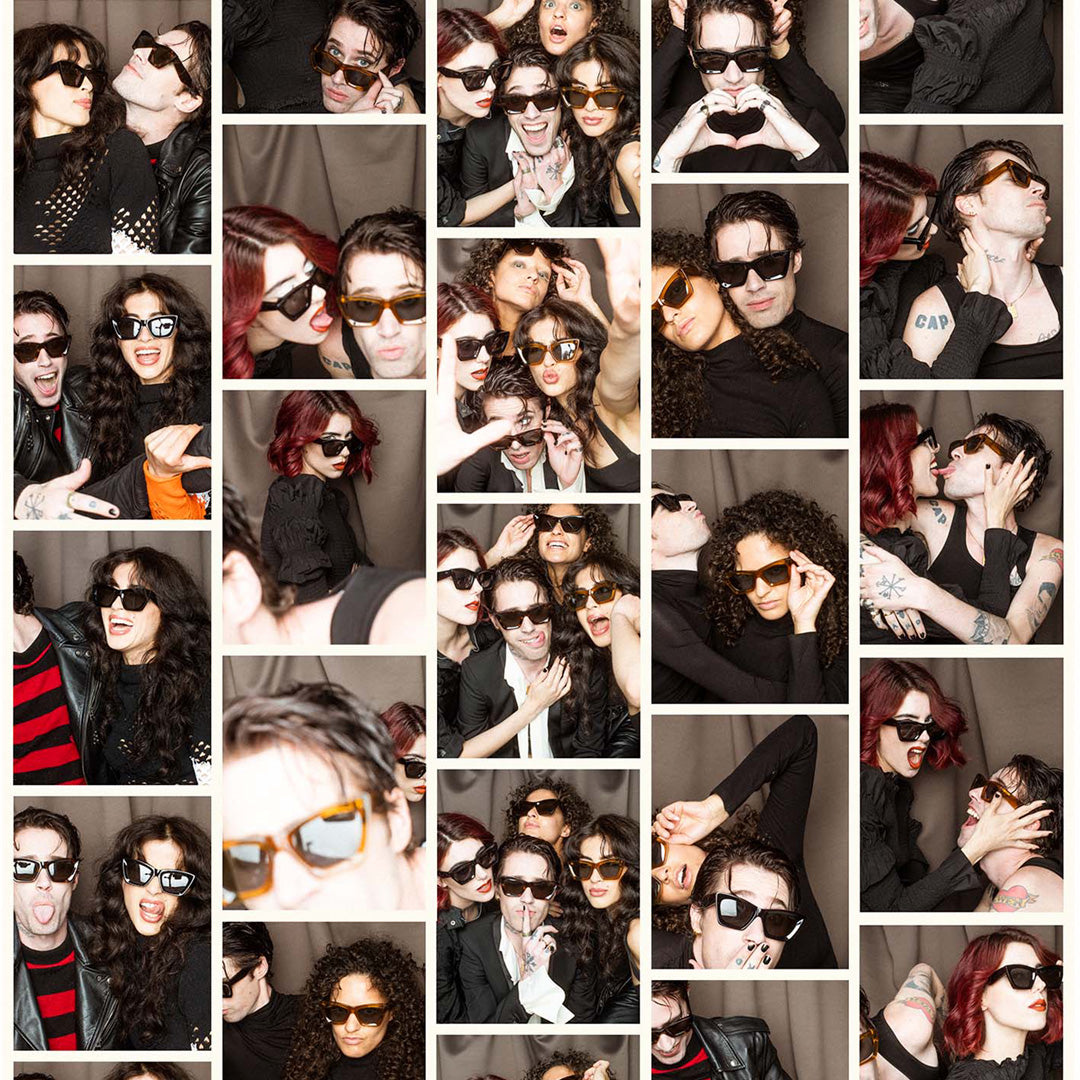 Photobooth pictures of models in M sunglasses. KOMONO X TOM EERBOUT. For his first venture into sunglasses, Tom distils the glamorous aesthetics of the red carpet into a pair of cat eye frames that can be worn by both men and women. The M Whiskey Coke has a brown and golden Eco Acetate frame with solid green lenses for a stylish look.