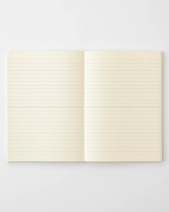 A5 ruled paper notebook with a simple and clean off white cover and embossed MD Paper logo.