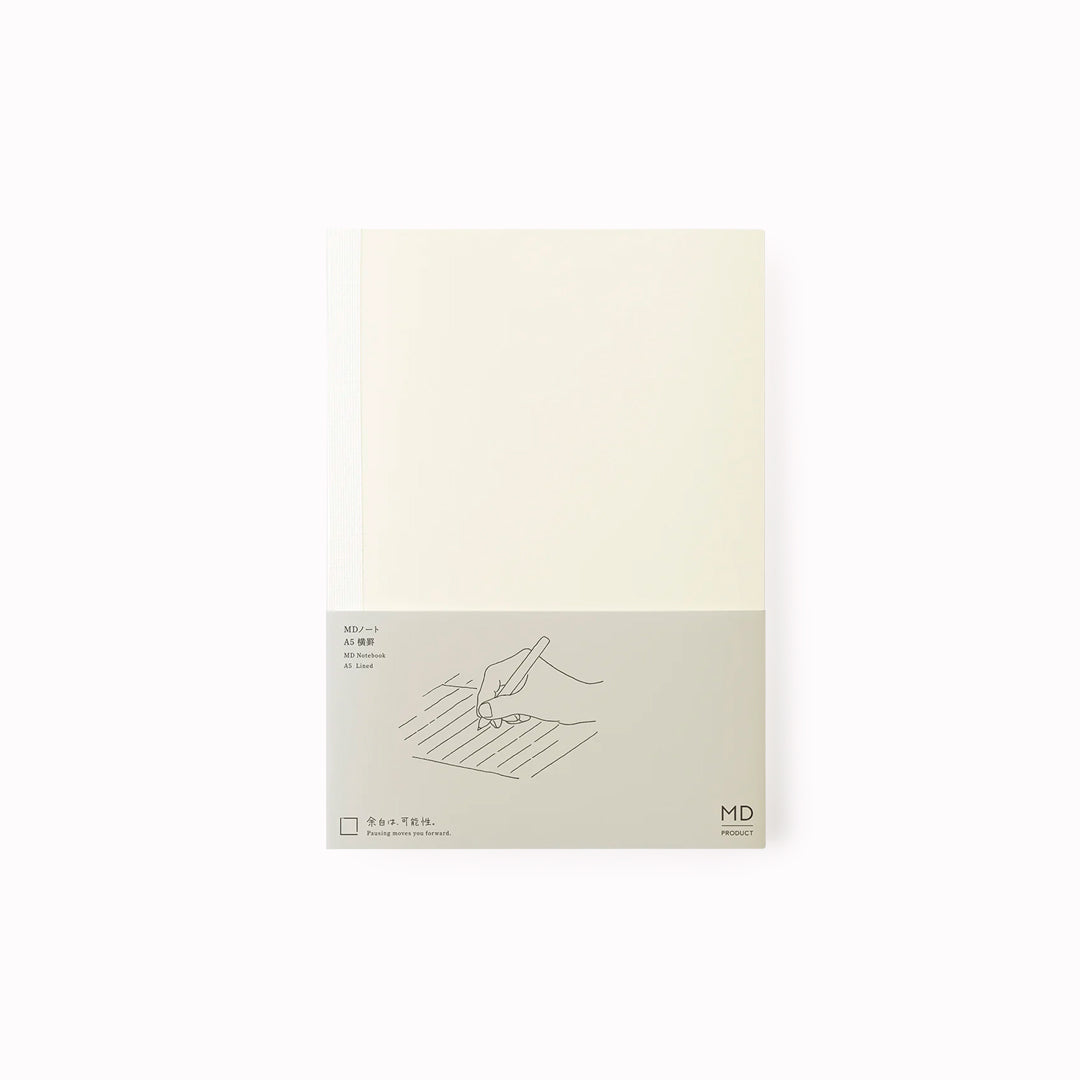 A5 ruled paper notebook with a simple and clean off white cover and embossed MD Paper logo.