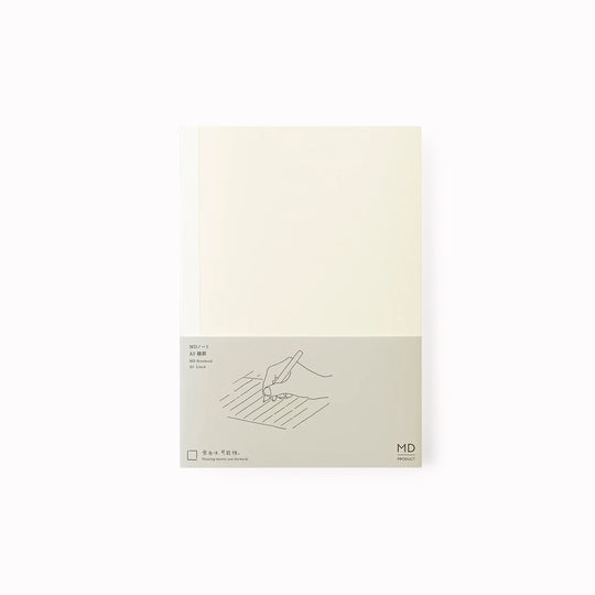 A5 ruled paper notebook with a simple and clean off white cover and embossed MD Paper logo.