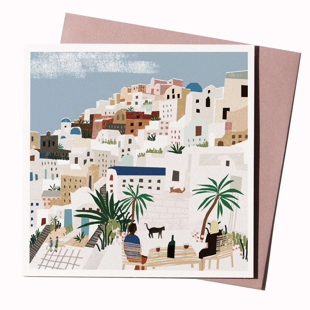 Monoprint is our in-house card range portraying idyllic travel destinations, continuing with this depiction of Santorini Town in a heavily textured contemporary style.