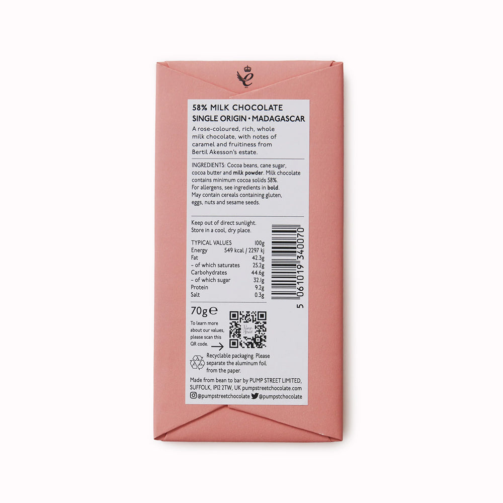 Madagascar Milk 58% bar is a creamy luxurious milk chocolate bar with notes of caramel and treacle and the zesty finish characteristic of Madagascan beans. 