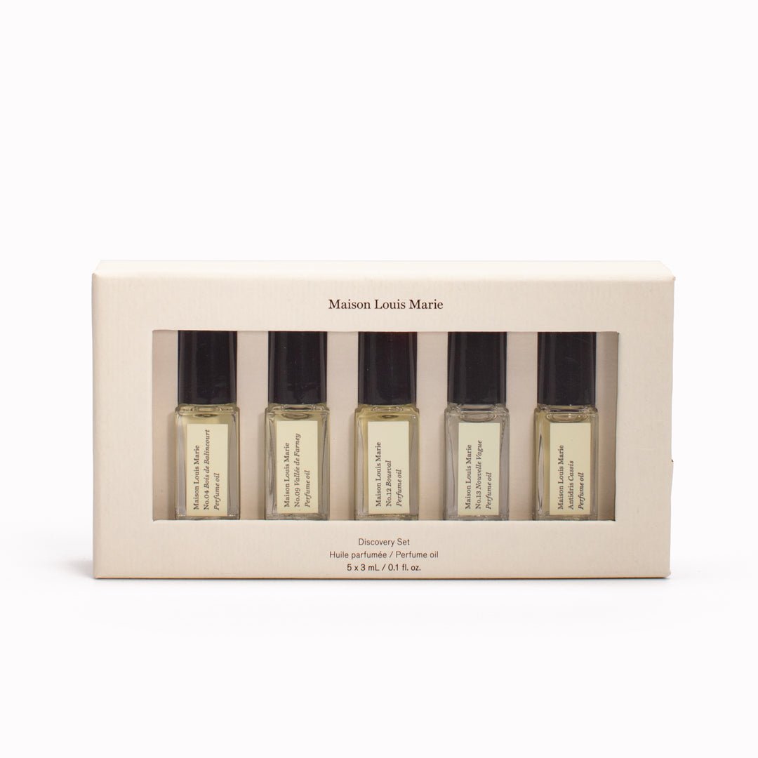 Discover your favourite Maison Louis Marie scents with this set of mini perfume oils, sized to try or to travel with easily. This set also allows you to easily switch your fragrance depending on how you feel.  The Discovery Set Contains 5 x 3ml bottles:  No.02 Le Long Fond, No.04 Bois de Balincourt, No.09 Vallee de Farney, No.12 Bousval, Antidris Cassis 