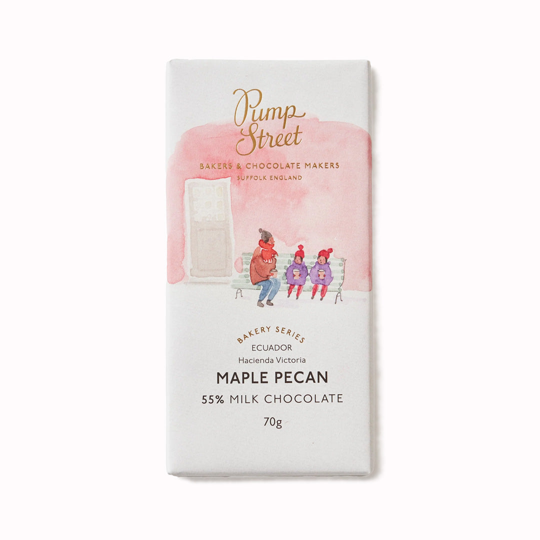 Christmas limited edition 55% milk chocolate bar with maple and pecan. Pump Street Baker use the flavours of their traditional Canadian butter tart in their newest Christmas Limited Edition craft chocolate bar. 