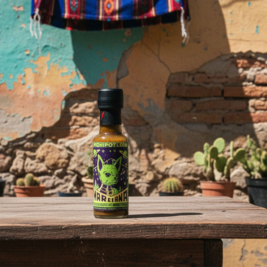 La Chipotlera hot sauce bottle on a wooden table with a colorful wall and cacti in the background