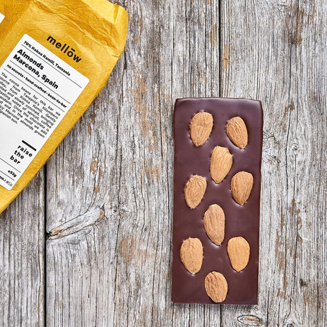 The Marcona almonds for this rich 70%&nbsp;chocolate bar&nbsp;are grown under the Spanish sun.