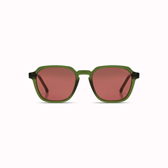 The Matty is an elegant frame with rectangular shaped lenses, and is a great shape to fit all kinds of faces. The frame is measured at a Medium size. These sunglasses are unisex, so are suitable for both men and women.  With its fresh fern coloured Bio Nylon frame and contrasting dark purple lenses, the Matty Fern is a really modern, stylish look.