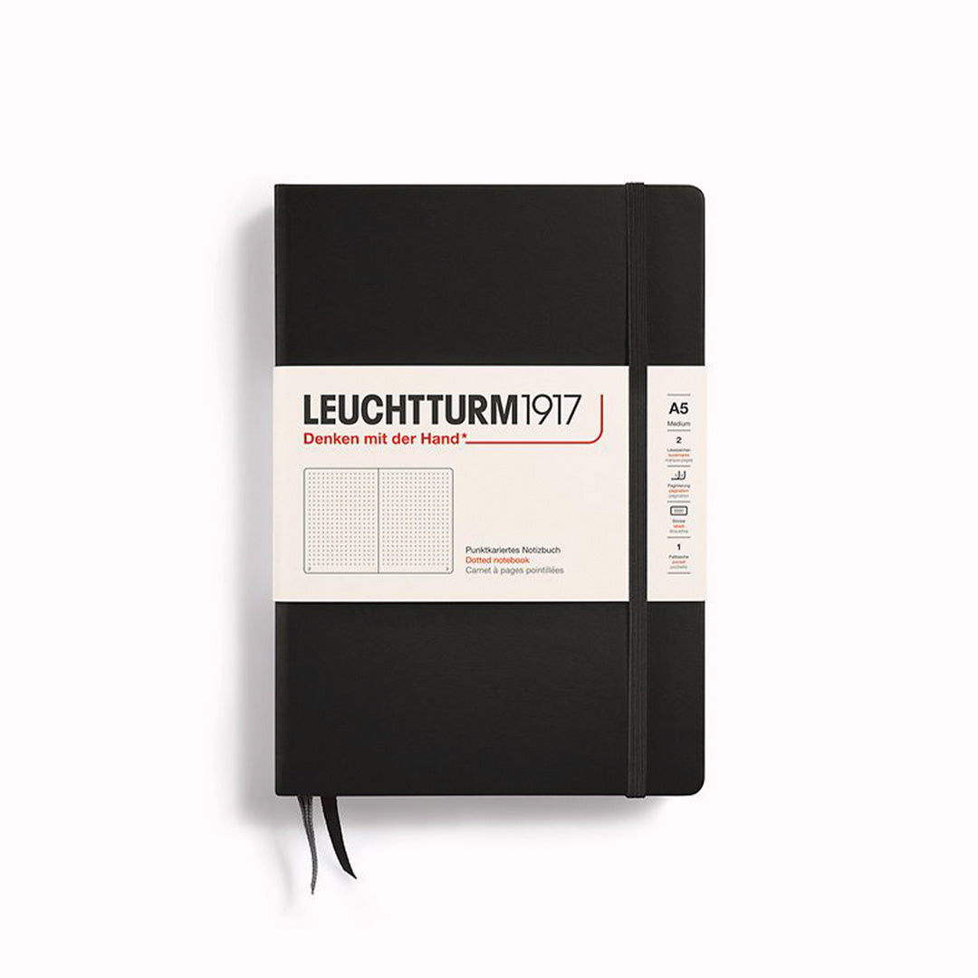 Black A5 Dotted Medium Notebook from Leuchtturm1917, includes Blank table of contents and numbered pages with a rear gusseted pocket