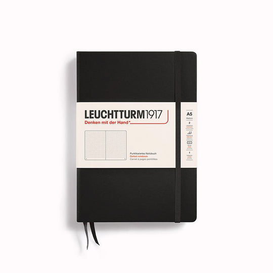 Black A5 Dotted Medium Notebook from Leuchtturm1917, includes Blank table of contents and numbered pages with a rear gusseted pocket