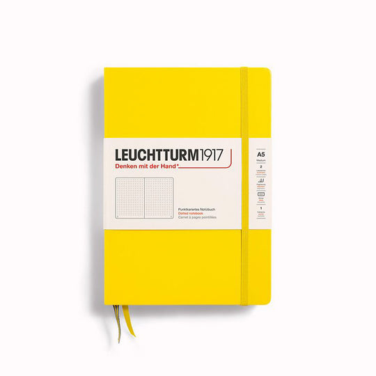 Lemon A5 Dotted Medium Notebook from Leuchtturm1917, includes Blank table of contents and numbered pages with a rear gusseted pocket