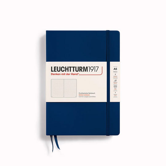 Navy A5 Dotted Medium Notebook from Leuchtturm1917, includes Blank table of contents and numbered pages with a rear gusseted pocket