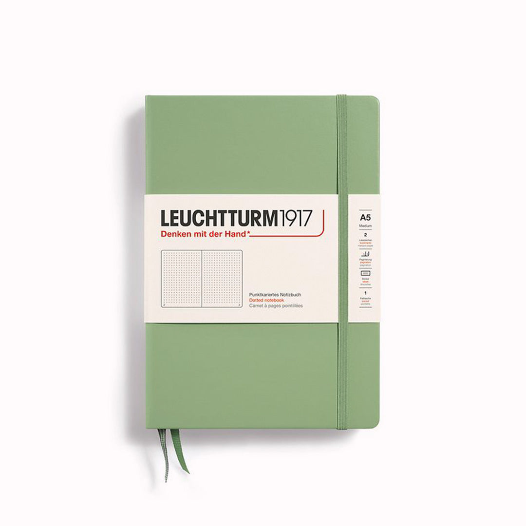 Sage A5 Dotted Medium Notebook from Leuchtturm1917, includes Blank table of contents and numbered pages with a rear gusseted pocket