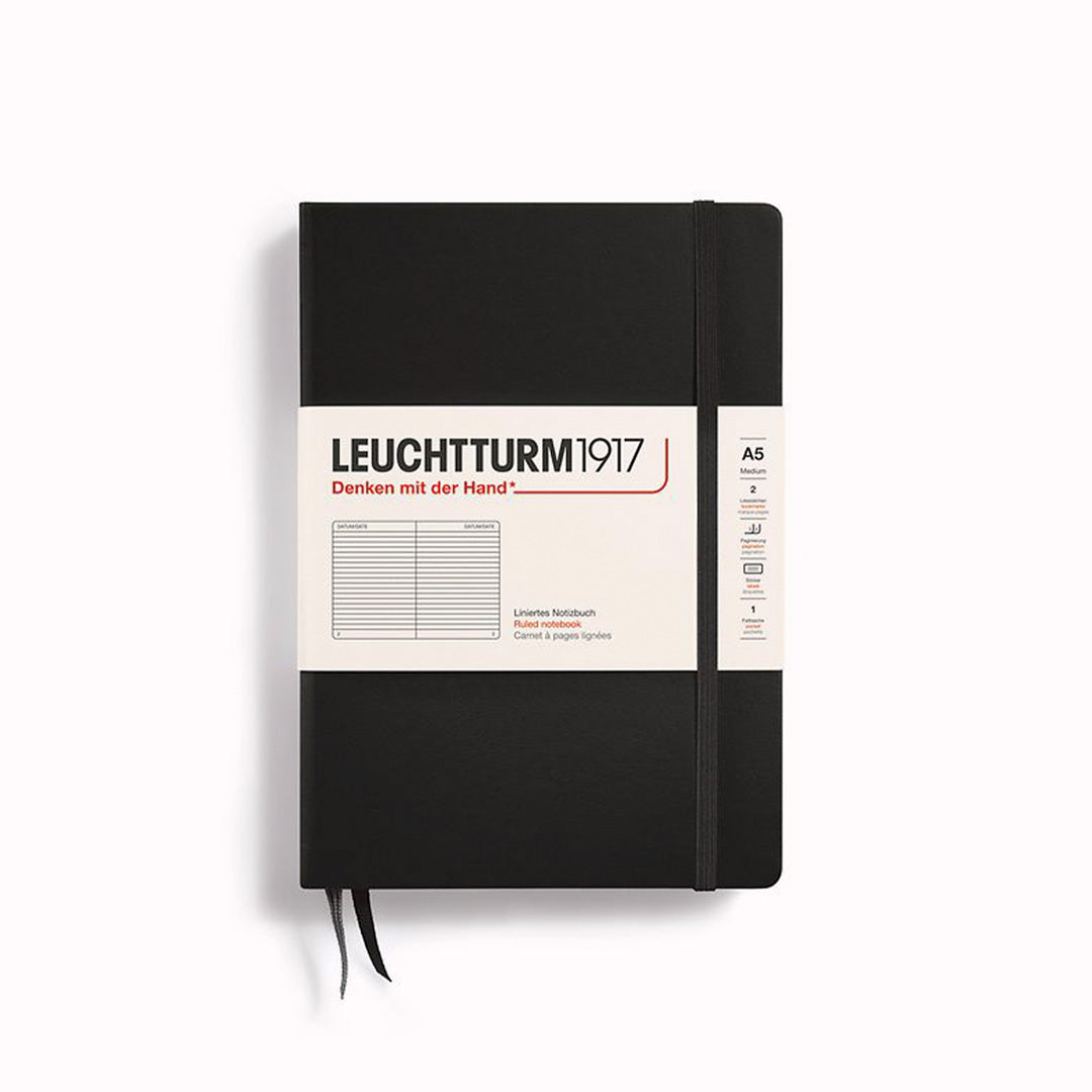 Black A5 Lined Medium Notebook from Leuchtturm1917, includes Blank table of contents and numbered pages with a rear gusseted pocket