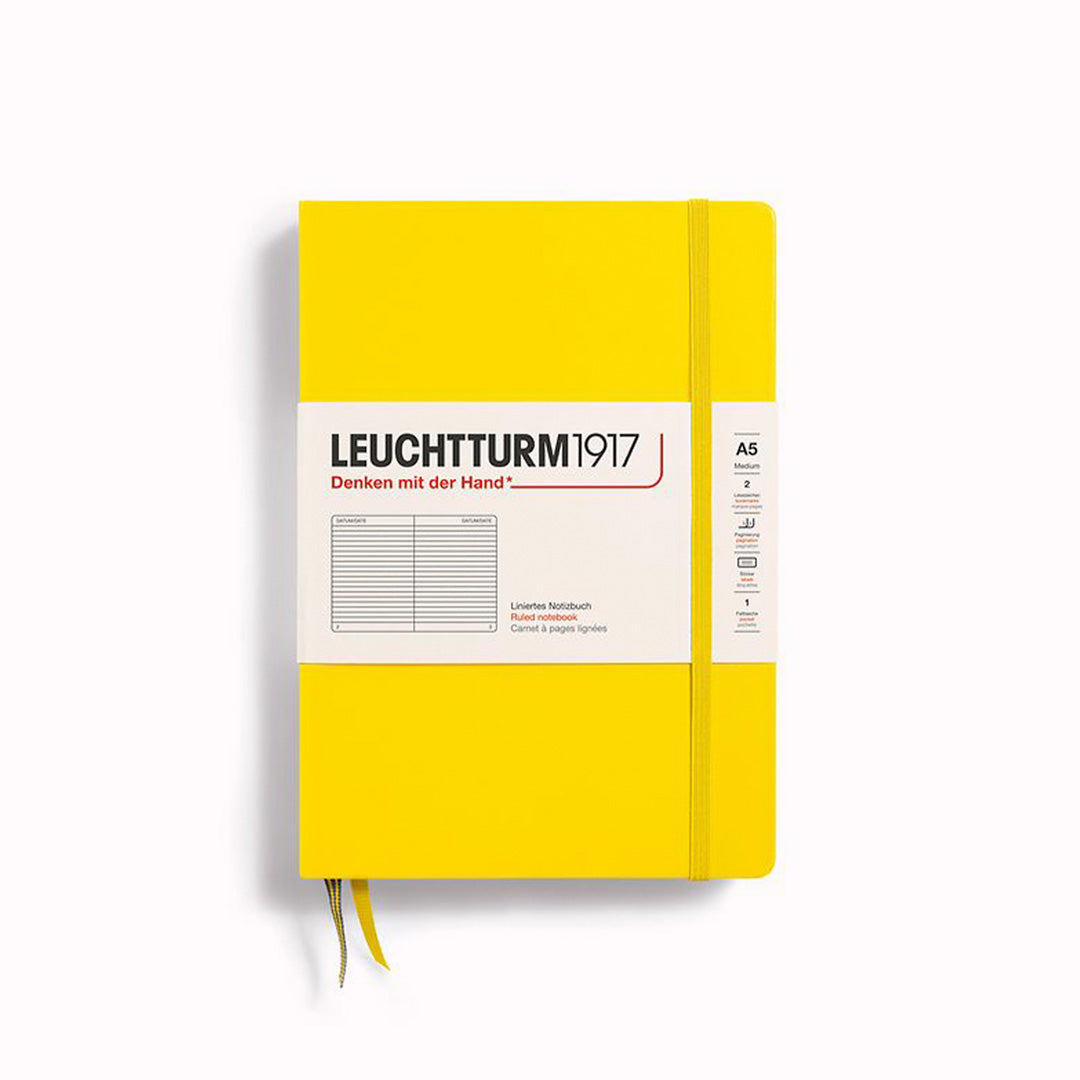 Lemon A5 Lined Medium Notebook from Leuchtturm1917, includes Blank table of contents and numbered pages with a rear gusseted pocket