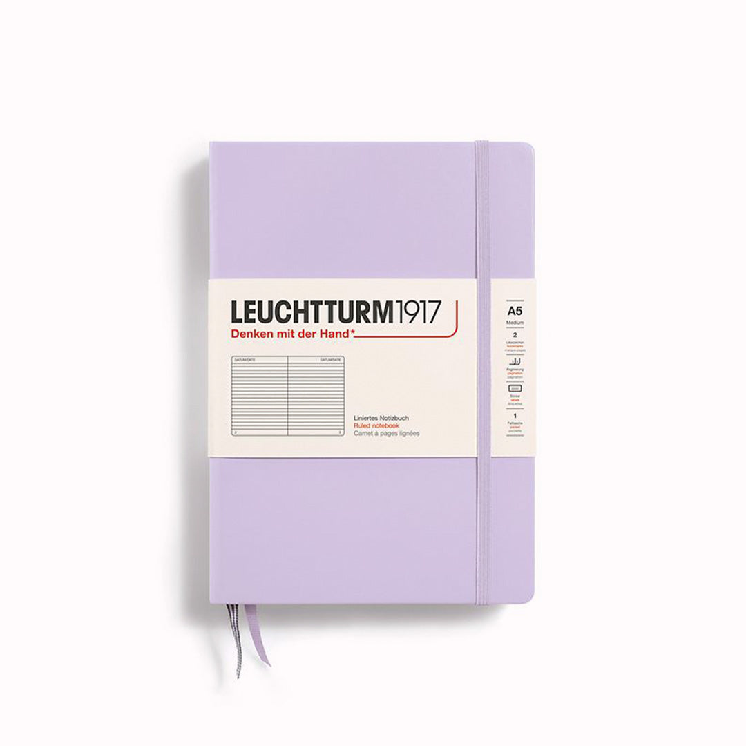 Lilac A5 Lined Medium Notebook from Leuchtturm1917, includes Blank table of contents and numbered pages with a rear gusseted pocket