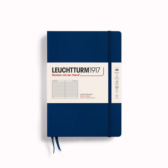 Navy A5 Lined Medium Notebook from Leuchtturm1917, includes Blank table of contents and numbered pages with a rear gusseted pocket