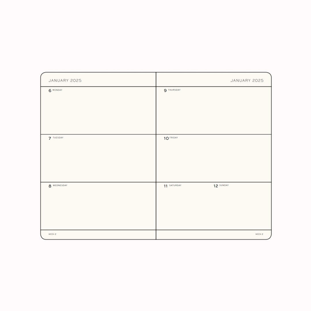 This A5 hardcover yearly planner showcases 12 months of weekly layouts, including phases of the moon and international holidays.