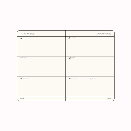 This A5 hardcover yearly planner showcases 12 months of weekly layouts, including phases of the moon and international holidays.