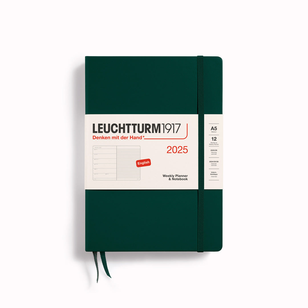 This A5 Hardcover planner offers 7 days to a page with a page every week for notes, so the left-hand page is a 7-day planner and the right-hand page is notes. It is thread-bound and opens flat for easy note-making.