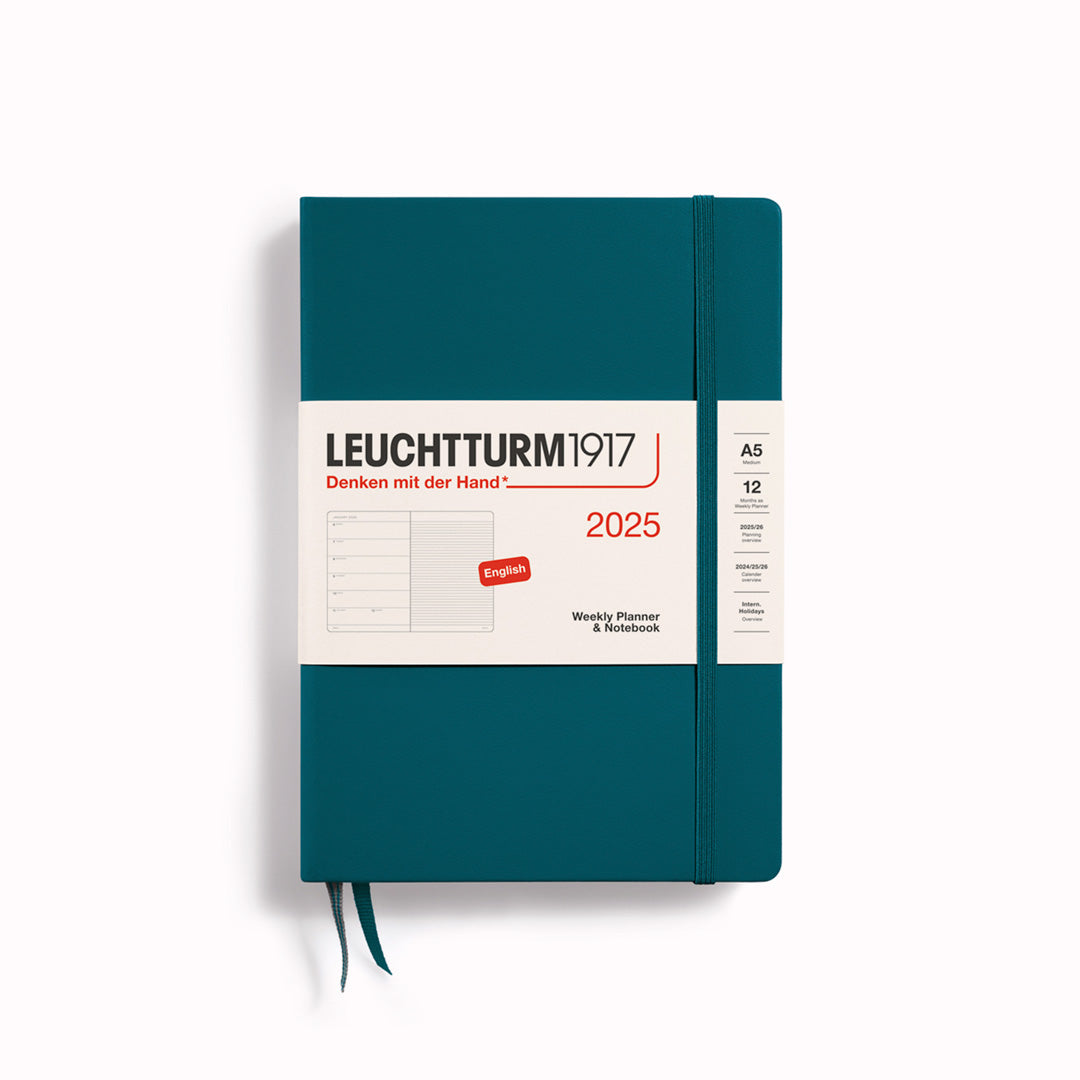 This A5 Hardcover planner offers 7 days to a page with a page every week for notes, so the left-hand page is a 7-day planner and the right-hand page is notes. It is thread-bound and opens flat for easy note-making.