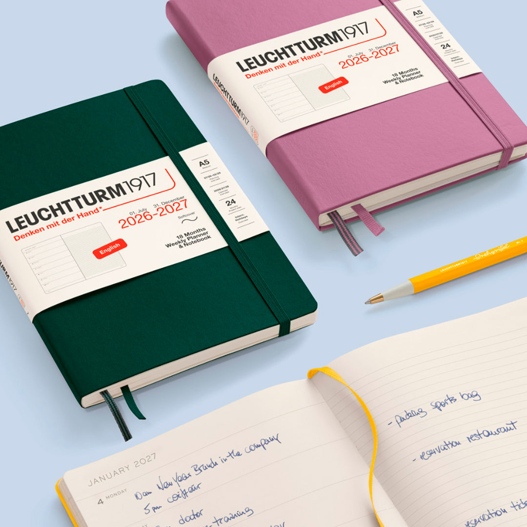 The 18 month Medium Weekly Planner + Notebook by Leuchtturm1917 is a combined planner and notebook, running for 18 months. It is dated from 1st July 2026 to 31st December 2027.