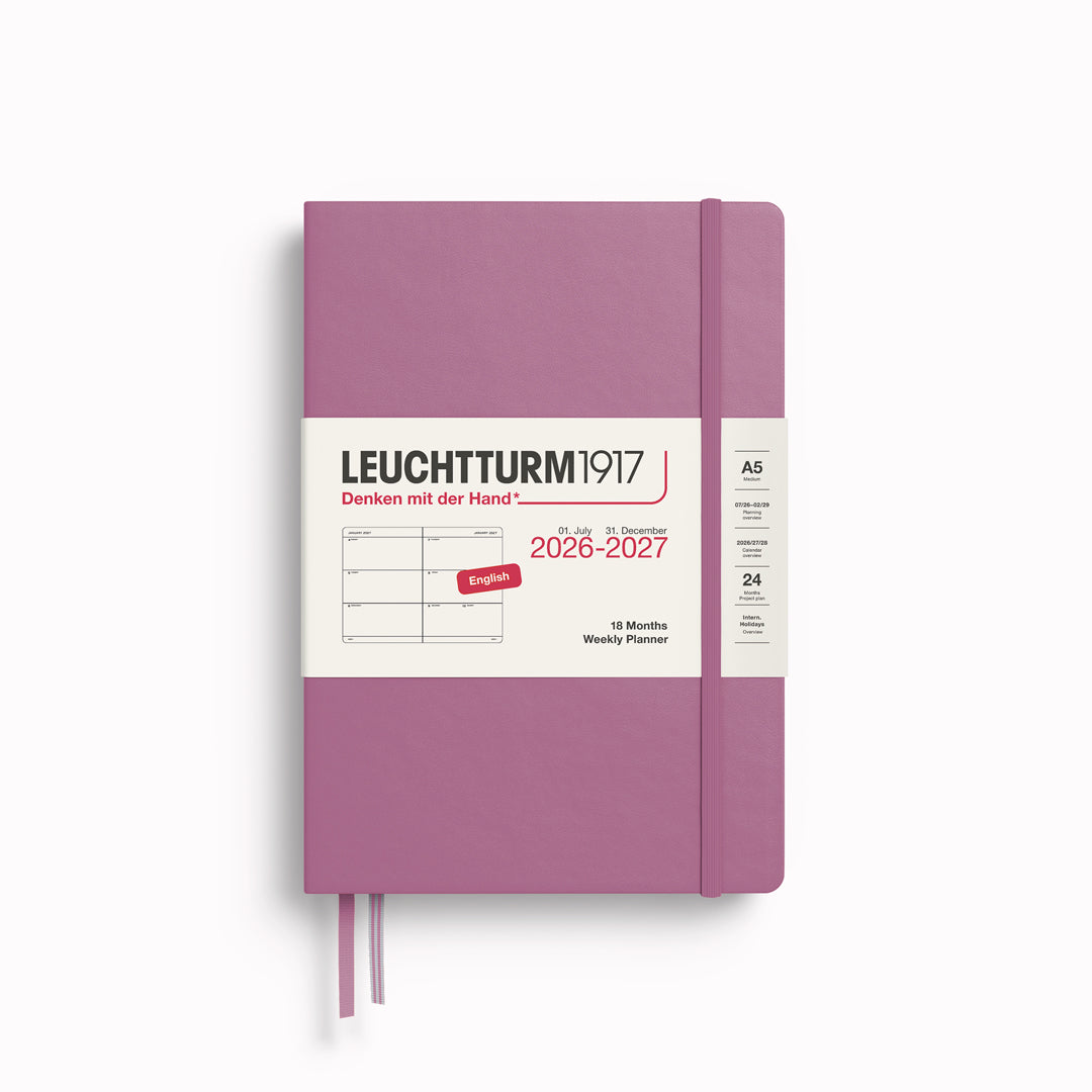 The 18 month Medium Weekly Planner + Notebook by Leuchtturm1917 is a combined planner and notebook, running for 18 months. It is dated from 1st July 2026 to 31st December 2027.