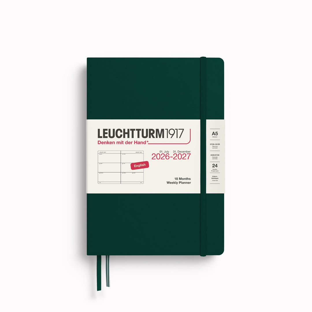 The 18 month Medium Weekly Planner + Notebook by Leuchtturm1917 is a combined planner and notebook, running for 18 months. It is dated from 1st July 2026 to 31st December 2027.