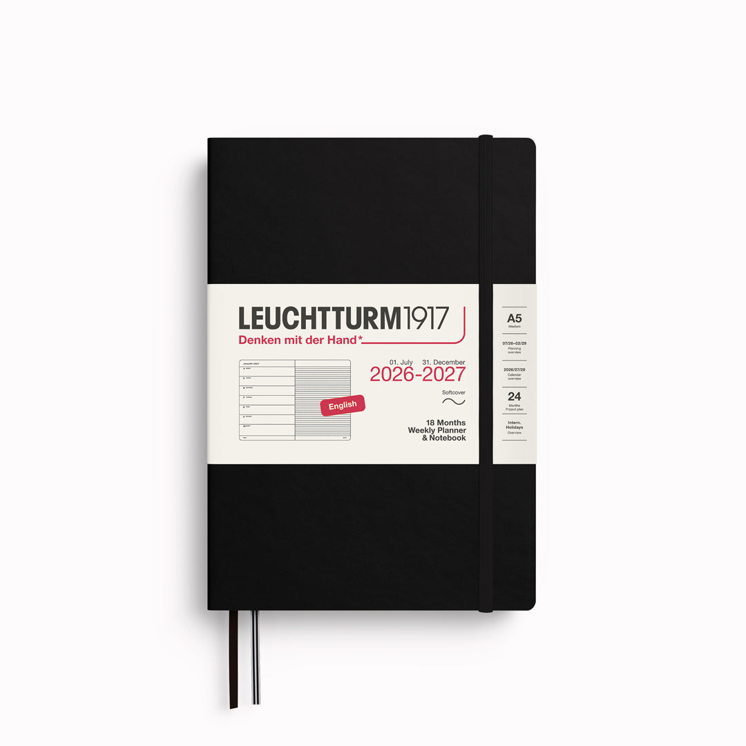 The 18 month Medium Weekly Planner + Notebook by Leuchtturm1917 is a combined planner and notebook, running for 18 months. It is dated from 1st July 2026 to 31st December 2027.