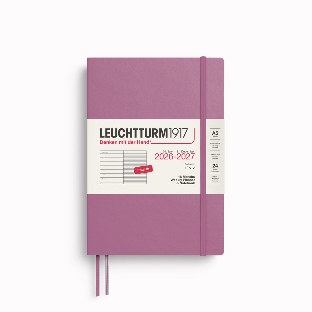 The 18 month Medium Weekly Planner + Notebook by Leuchtturm1917 is a combined planner and notebook, running for 18 months. It is dated from 1st July 2026 to 31st December 2027.
