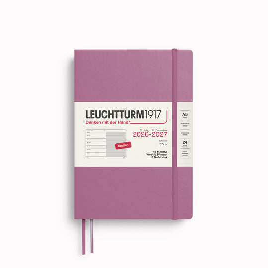 The 18 month Medium Weekly Planner + Notebook by Leuchtturm1917 is a combined planner and notebook, running for 18 months. It is dated from 1st July 2026 to 31st December 2027.
