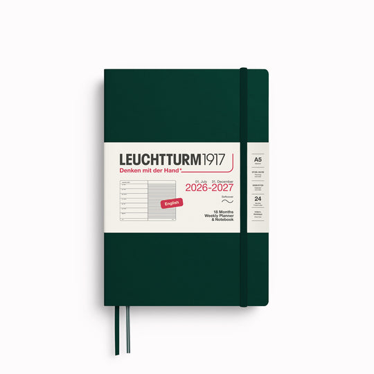 The 18 month Medium Weekly Planner + Notebook by Leuchtturm1917 is a combined planner and notebook, running for 18 months. It is dated from 1st July 2026 to 31st December 2027.