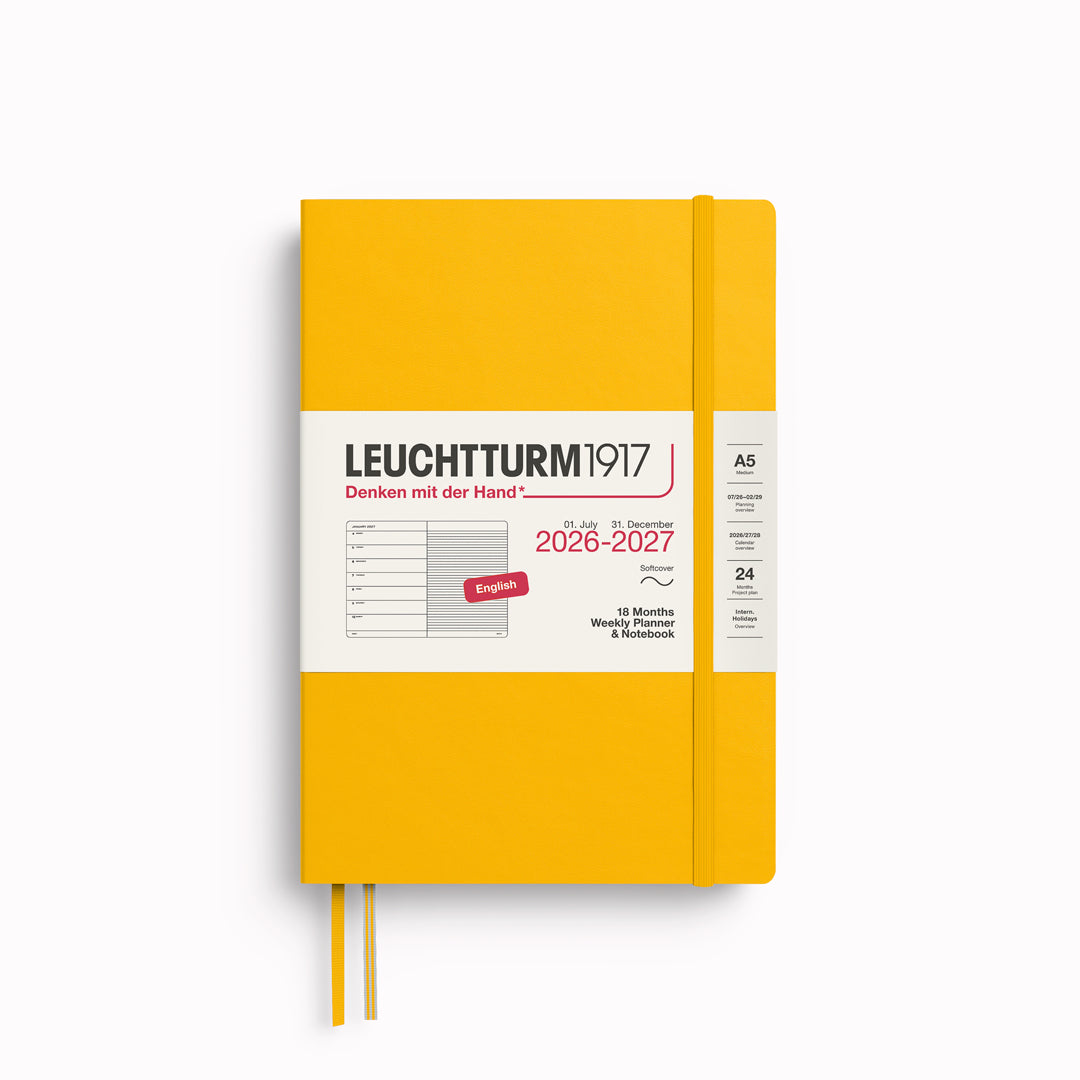 The 18 month Medium Weekly Planner + Notebook by Leuchtturm1917 is a combined planner and notebook, running for 18 months. It is dated from 1st July 2026 to 31st December 2027.