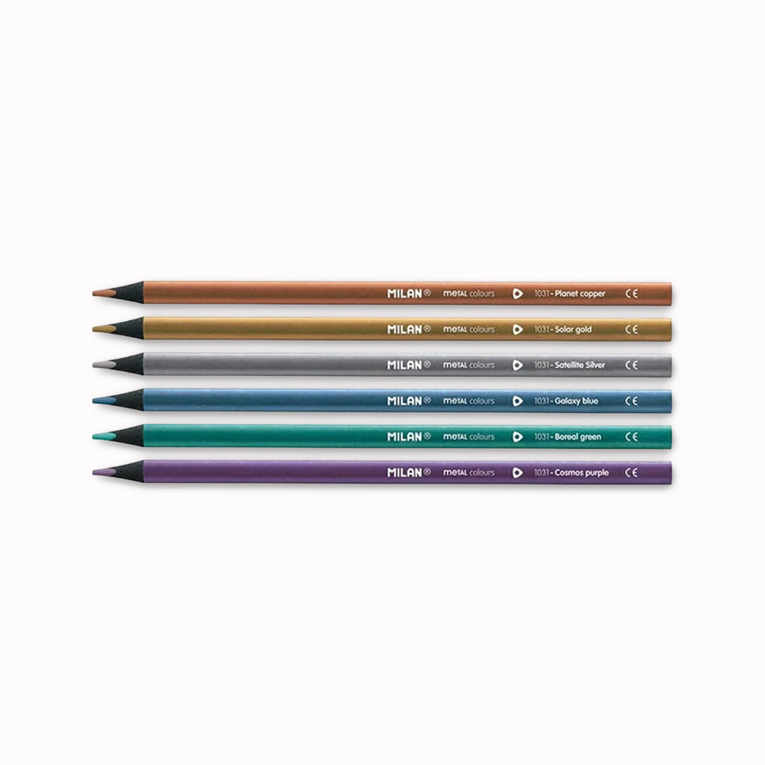 Metallic colouring pencil set by Milan with distinctive and stylish black wooden barrels. A triangular barrel shape gives an ergonomic fit in your hand