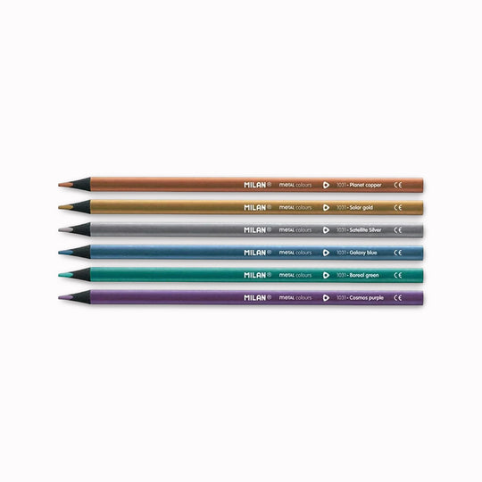 Metallic colouring pencil set by Milan with distinctive and stylish black wooden barrels. A triangular barrel shape gives an ergonomic fit in your hand