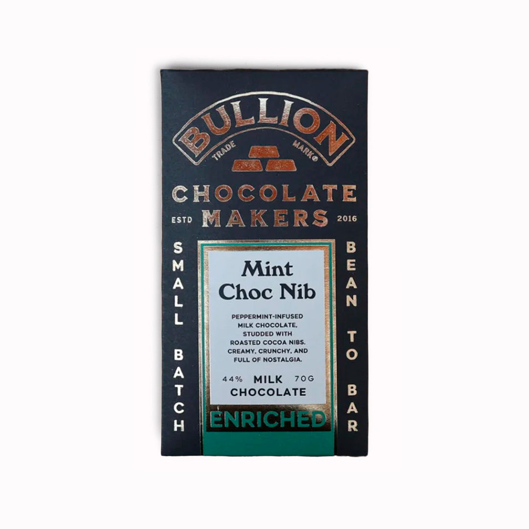 Cooling mint oil and roasted cacao nibs folded through Bullion’s dark chocolate base. The mint stays clean and restrained rather than overly sweet