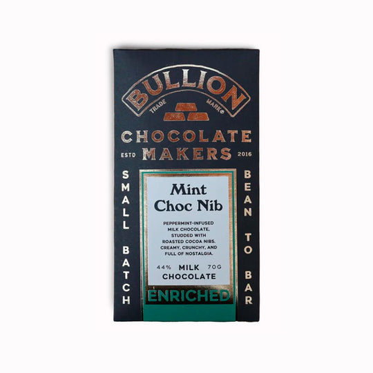 Cooling mint oil and roasted cacao nibs folded through Bullion’s dark chocolate base. The mint stays clean and restrained rather than overly sweet