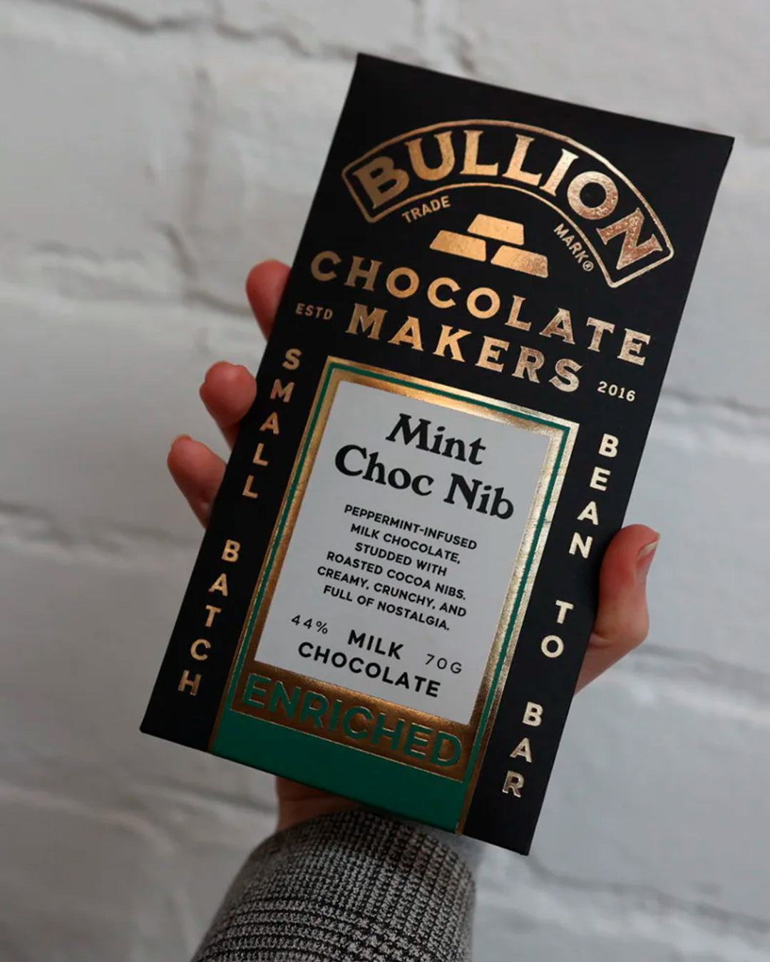 Cooling mint oil and roasted cacao nibs folded through Bullion’s dark chocolate base. The mint stays clean and restrained rather than overly sweet