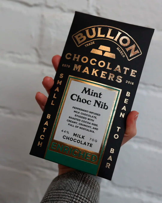 Cooling mint oil and roasted cacao nibs folded through Bullion’s dark chocolate base. The mint stays clean and restrained rather than overly sweet