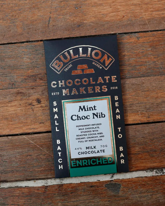 Cooling mint oil and roasted cacao nibs folded through Bullion’s dark chocolate base. The mint stays clean and restrained rather than overly sweet