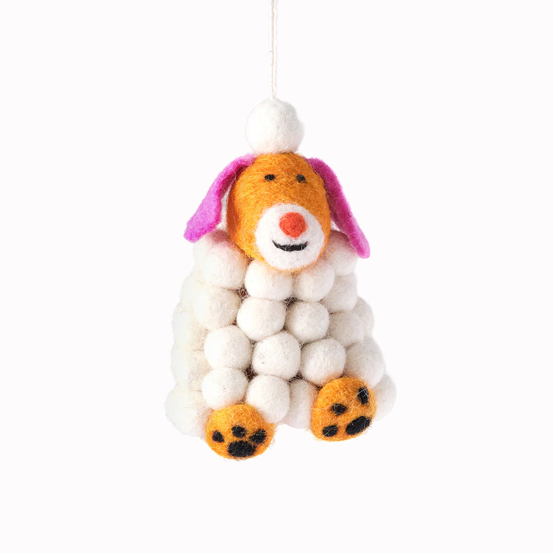 Minu the Dog covered in Snowballs. A playful felted Christmas tree decoration designed by Cari Vander Yacht.
