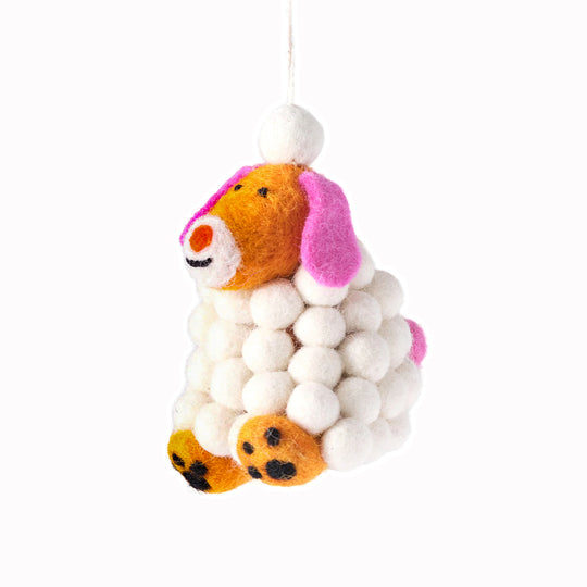 Minu the Dog covered in Snowballs. A playful felted Christmas tree decoration designed by Cari Vander Yacht.