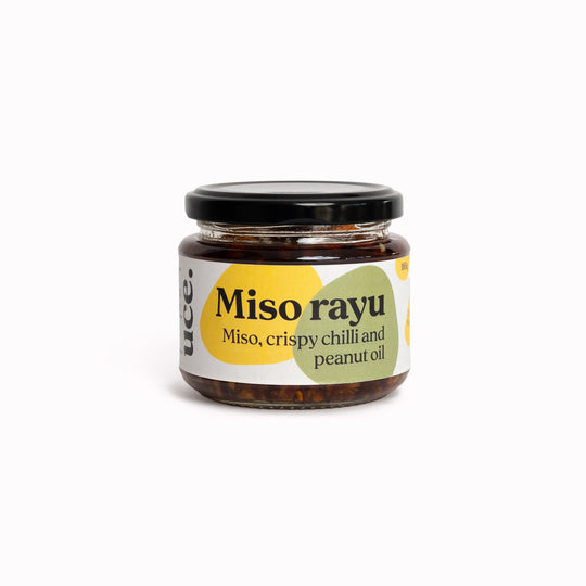 Miso Rayu is a crafted chilli oil blended with miso and peanut, balancing savoury depth with moderate heat.