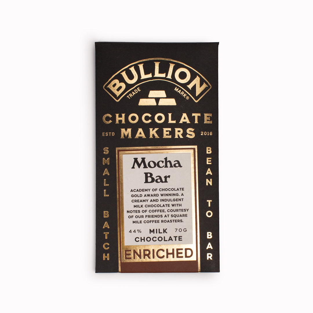 Enriched Mocha Bar from Bullion is the winner of the Academy of Chocolate Gold Award. A creamy and indulgent milk chocolate with notes of coffee, courtesy of Caravan Coffee Roasters.