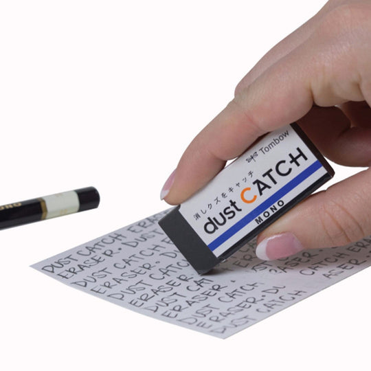Mono Dust Catch Eraser from Tombox. This eraser is made of a special polymer material that attracts and traps the pencil dust as you erase, leaving your paper clean and smudge-free. The eraser also has a slim and rectangular shape that allows you to erase with precision and control. 