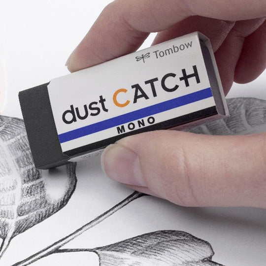 Mono Dust Catch Eraser from Tombox. This eraser is made of a special polymer material that attracts and traps the pencil dust as you erase, leaving your paper clean and smudge-free.