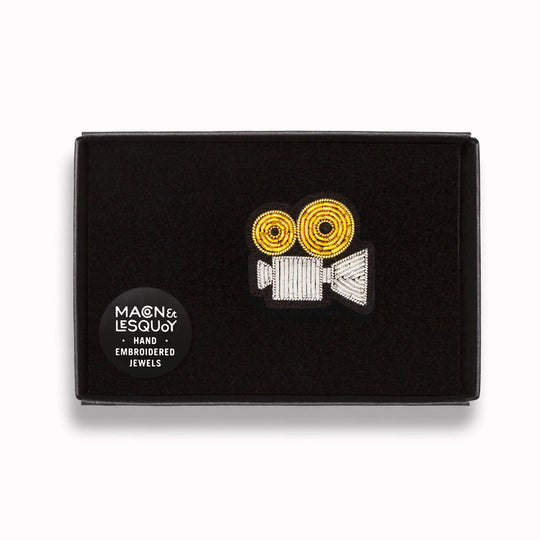 SMILE! Make a statement with this beautiful Movie Camera hand embroidered decorative lapel pin by Paris based Macon et Lesquoy - Box Detail