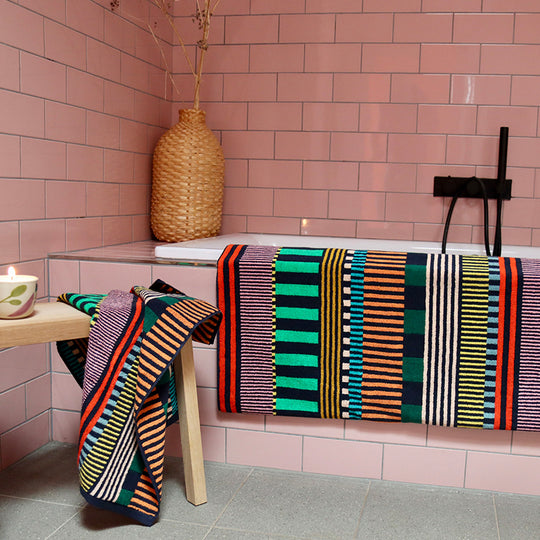 The Multi Stripe Collection of Towels from Donna Wilson are a kaleidoscope of colour and have a retro vibe that we love! The Hand Towel is 50 x 90cm and will add a splash of bold colour to the bathroom.