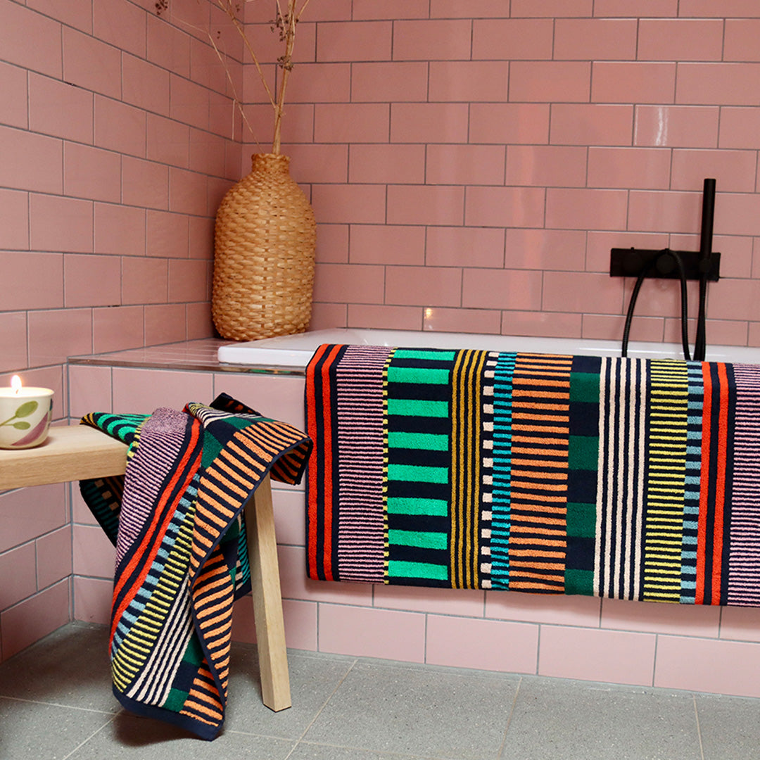 The Multi Stripe Collection of Towels from Donna Wilson are a kaleidoscope of colour and have a retro vibe that we love! The Face Cloth is 30 x 30cm and will add a splash of bold colour to the bathroom. Lifestyle Image