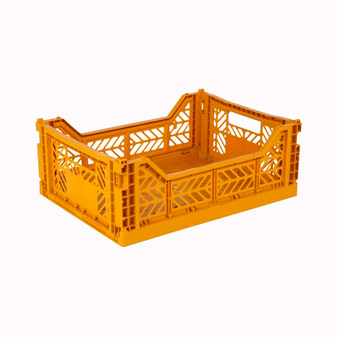 Mustard/Golden Yellow Folding Crate from Aykasa. This crate is made from 100% recyclable material and can be folded flat when not in use. It's perfect for holding books, toys, clothes, or anything else you want to organise. 